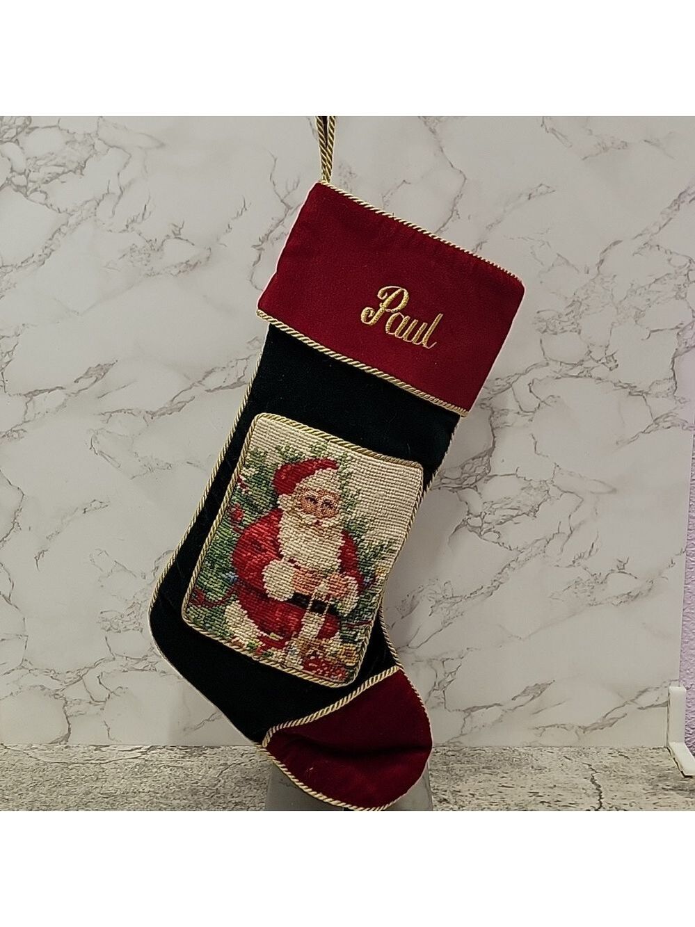 Vintage Lillian Vernon Santa Needlepoint stocking Paul